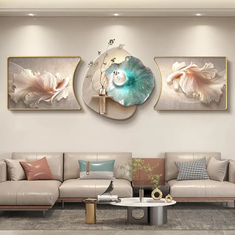现代轻奢客厅装饰画寓意好锦鲤沙发背景墙挂画轻奢高级感立体壁画