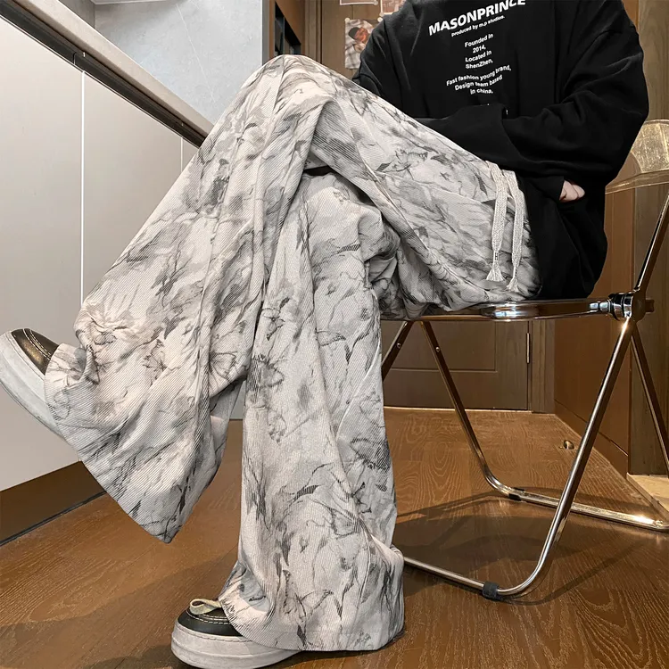 脏脏扎染灯芯绒裤子男秋季美式复古宽松休闲裤潮牌潮流直筒阔腿裤