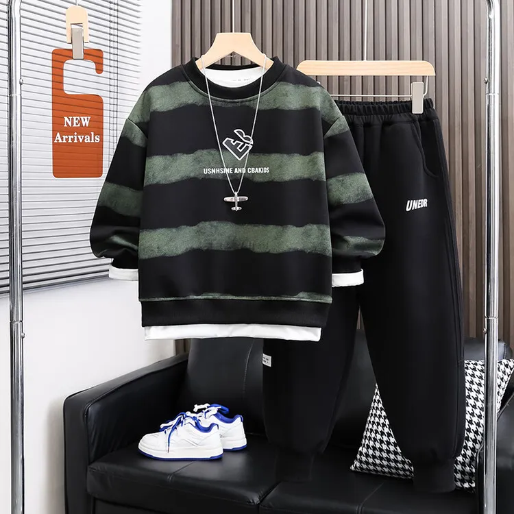 男童套装春季2025新款大童春秋儿童运动潮酷男孩洋气假两件套童装