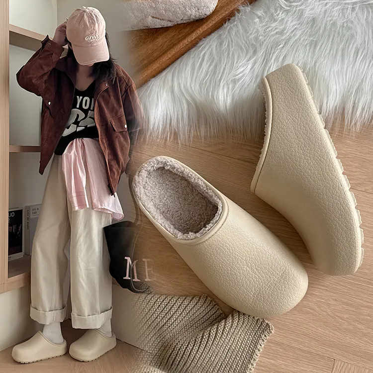 防水包头棉拖鞋女款室内居家防滑防臭皮纹厚度加绒保暖时尚拖鞋女