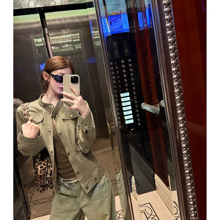 复古水洗棉立领斜插袋牛仔外套女春秋季气质街头百搭显瘦夹克上衣