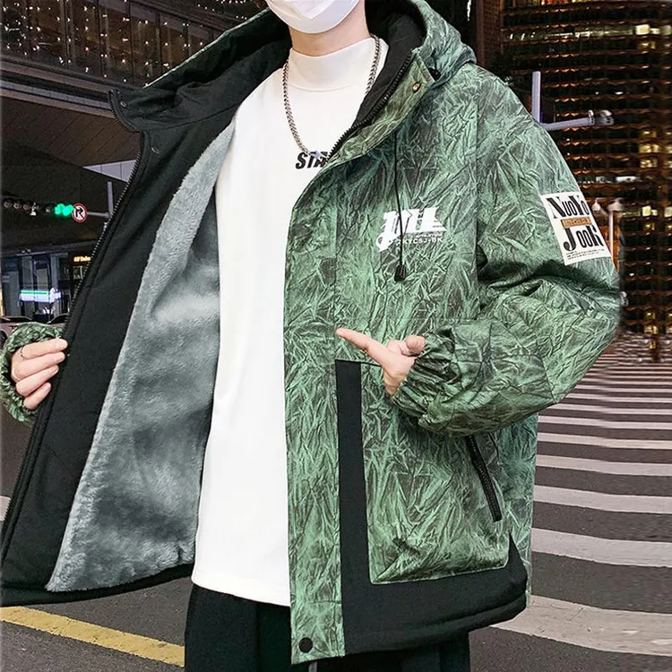 工装夹克男士秋冬加绒加厚保暖防寒青少年痞帅连帽棉衣外套