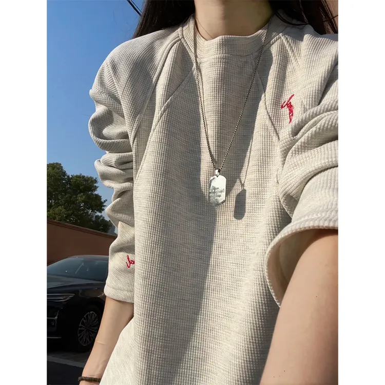 白花灰美式刺绣圆领卫衣男款秋冬季加绒加厚潮牌不规则长袖T恤