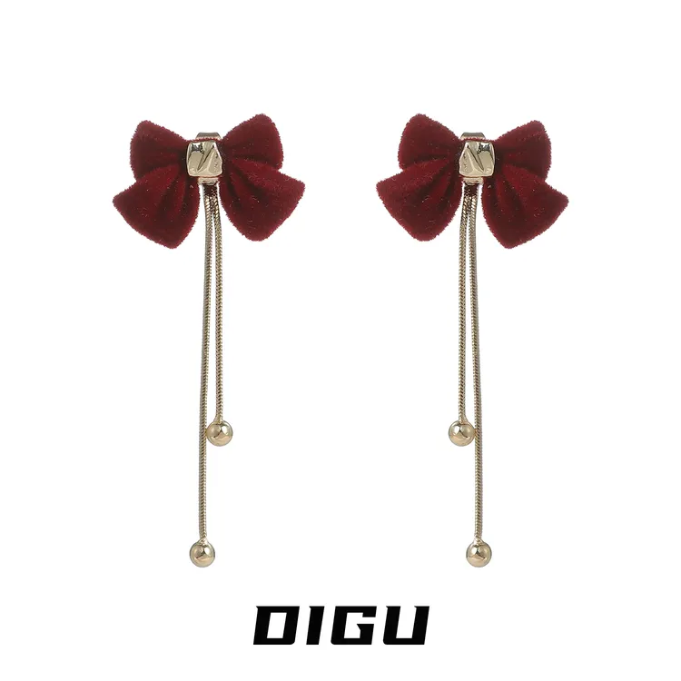嘀咕家 铜合金耳饰 圣诞植绒蝴蝶结流苏耳环气质长款耳钉轻奢耳饰
