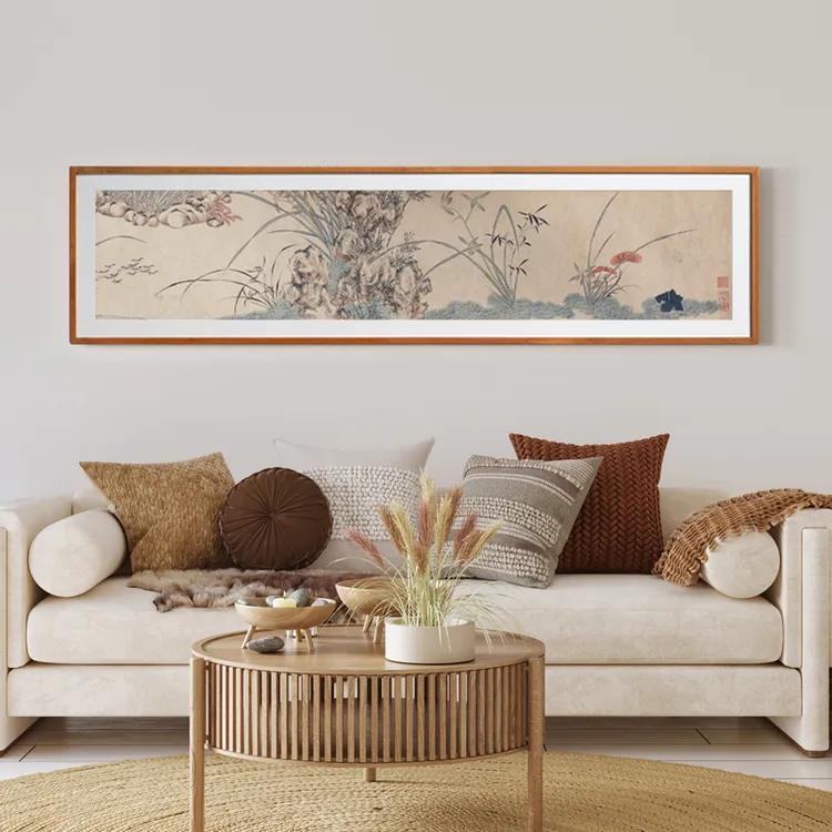 中式装饰画《芝兰图》实木榫卯卧室床头挂画茶室书房国画装饰画