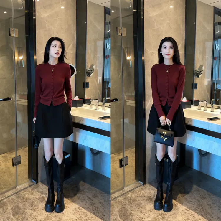 秋冬纽扣针织开衫+ 复古时尚秋冬百搭韩版高腰蓬感花苞半裙套装