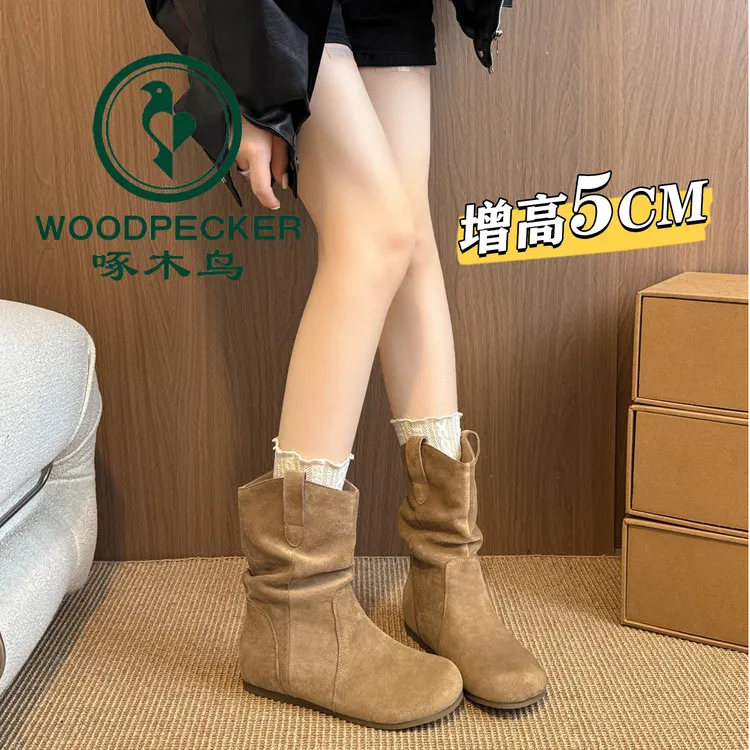 啄木鸟法式内增高勃肯马丁靴女2025新款秋季美拉德圆头短靴堆堆靴