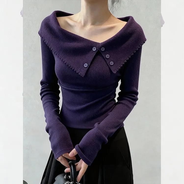 独特漂亮紫色小衫内搭打底针织衫百搭洋气高贵翻领上衣女装秋冬季
