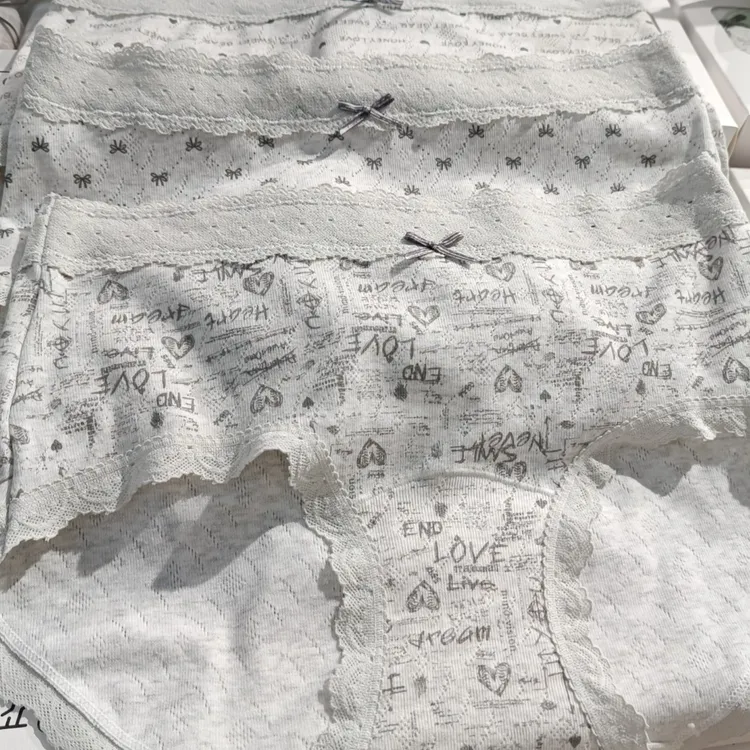 (3条）中腰灰色系棉质蕾丝边女士三角内裤软糯亲肤适合80 - 135斤