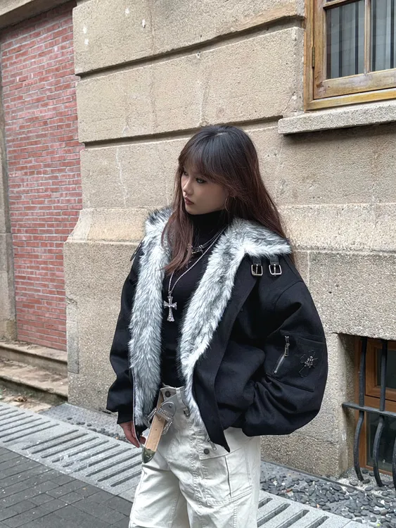 美式复古座山雕毛领棉服外套女冬季加厚贴皮刺绣宽松棉衣棉袄男