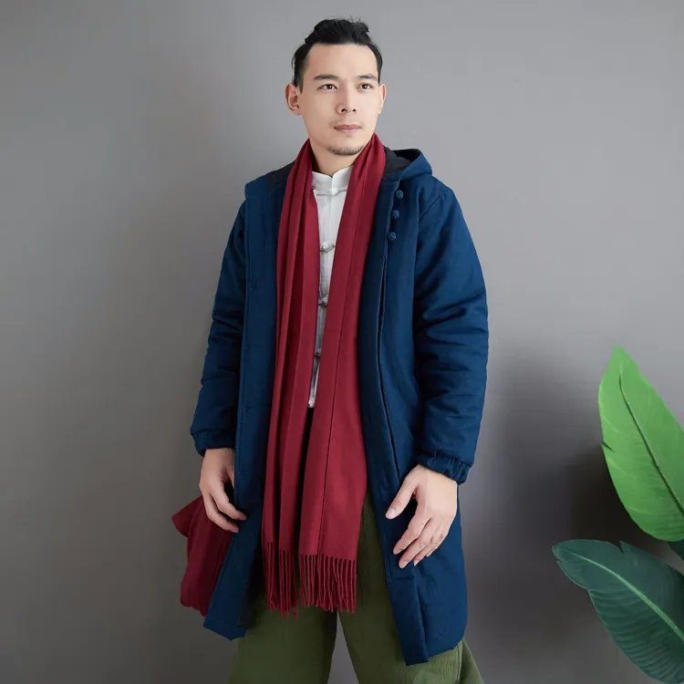 冬季中国风加厚连帽棉衣唐装男苎麻中长款复古棉袄中式禅意服外套