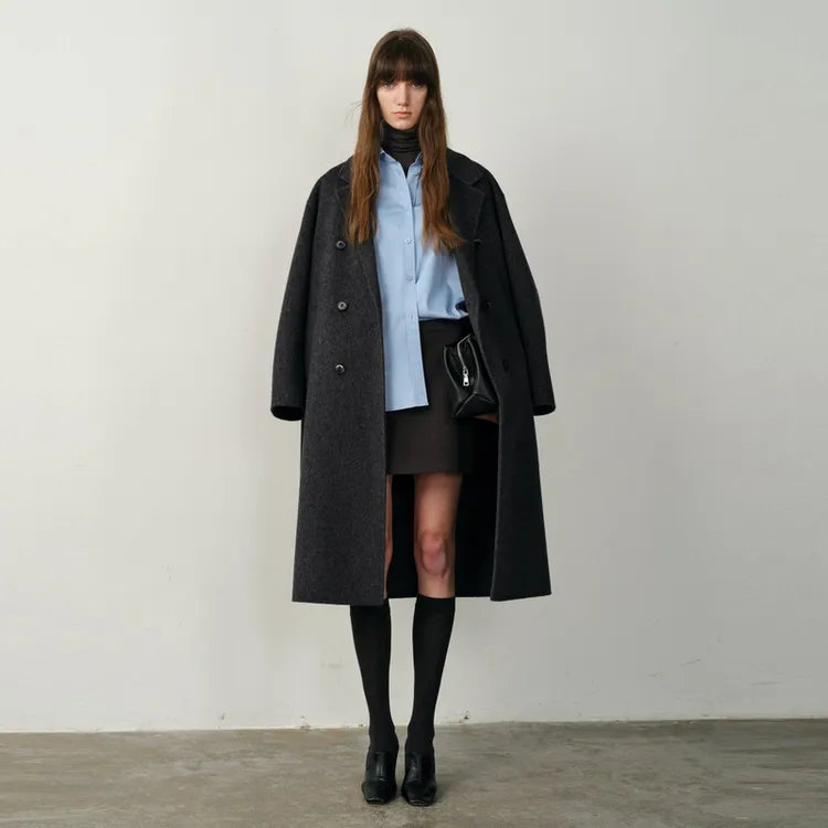 U/TI 西装枪驳领深灰色复古腔调显瘦羊毛混纺长款双面呢大衣外套