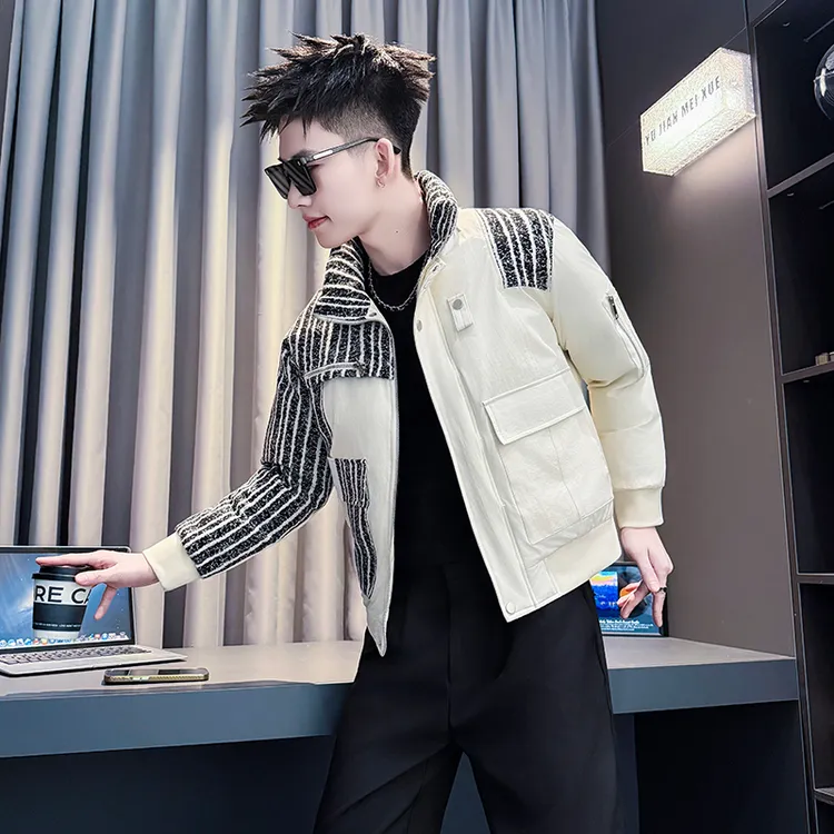 条纹拼接休闲棉服外套男士2025新款潮牌男装冬季保暖工装加厚棉衣