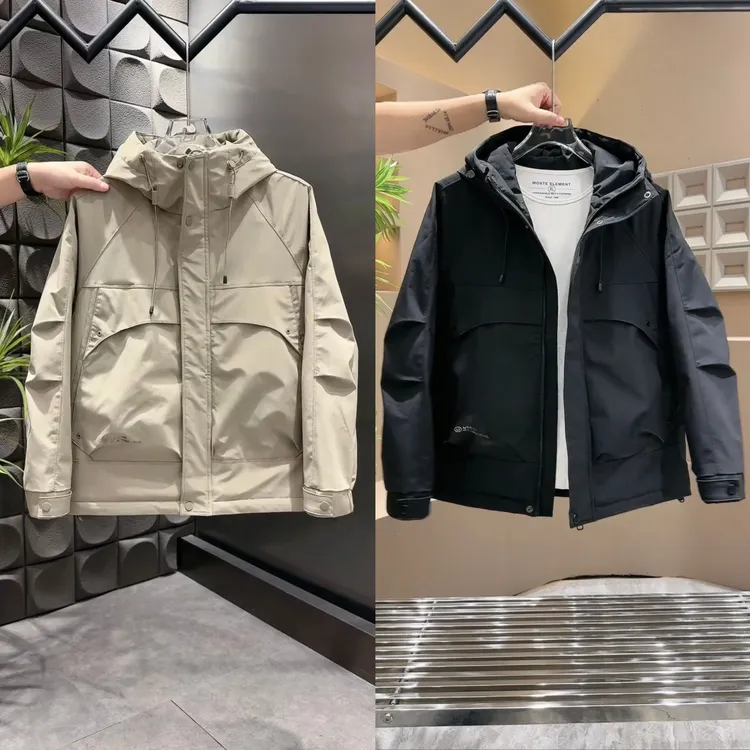 秋冬新款男士时尚百搭加棉冲锋衣连帽外套户外保暖工装风二棉夹克