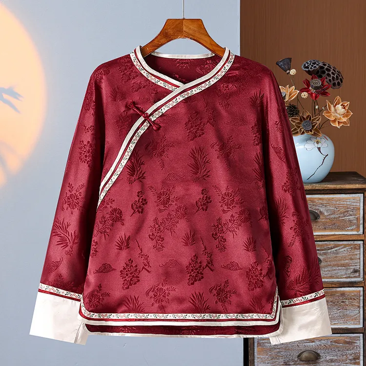 新中式提花上衣女春季中国风复古红色宽松唐装宽松长袖民国风小衫