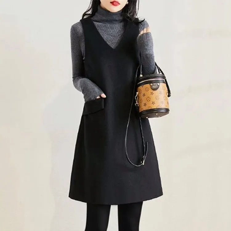 漫妙思毛呢秋冬中长款背心裙遮肚无袖外穿气质a字宽松气质连衣裙