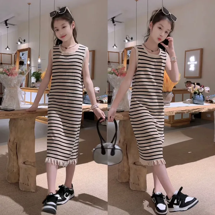 女童条纹连衣裙夏季无袖背心条纹韩系休闲中大童时髦洋气儿童裙子