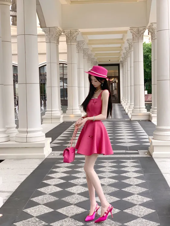 【雅乔定制】包念念 玫红色连衣裙高腰A字大摆短裙DYCC-25058239