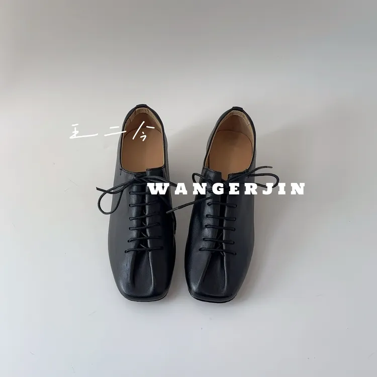 王二今/羊皮/5CM/法式方头粗跟系带德比穆勒玛丽珍乐福女巫单鞋女