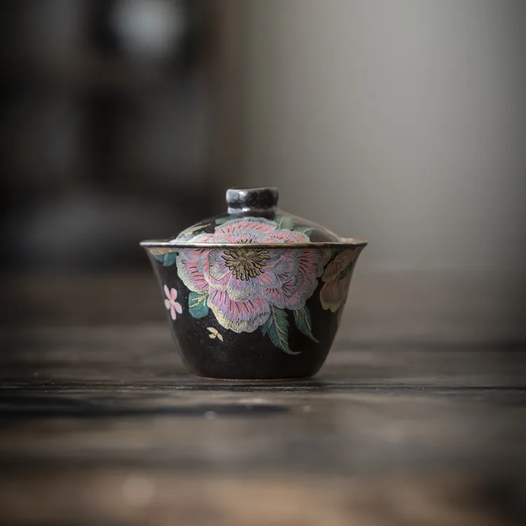 荼梦令志野烧牡丹缂丝二才盖碗家用盖碗敬茶碗功夫茶具