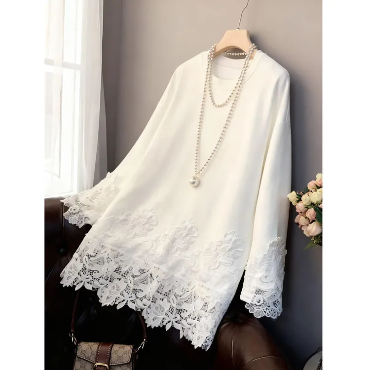 棉质加绒高级感蕾丝底摆拼接白色长袖T恤中长遮肚小衫秋冬上衣女