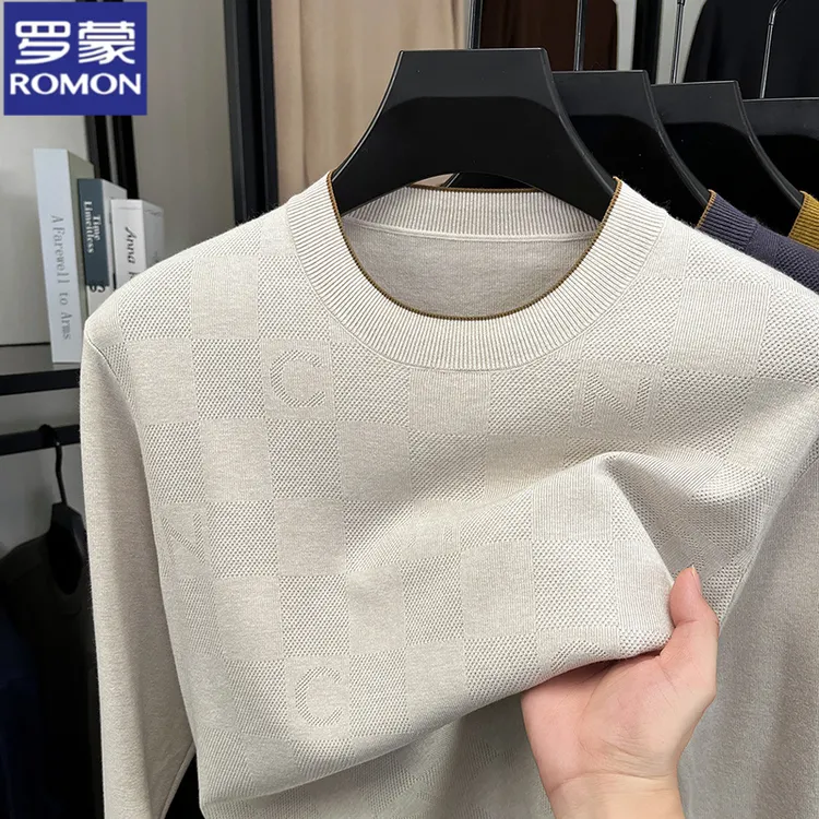 罗蒙保暖针织衫秋冬季新款圆领时尚纯色毛衣休闲百搭亲肤打底衫男