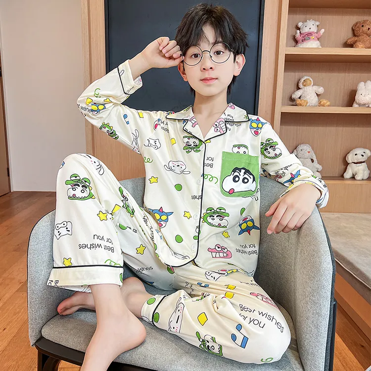 6-12岁小孩睡衣2025新款卡通小新长袖开衫裤青少年儿童家居服套装
