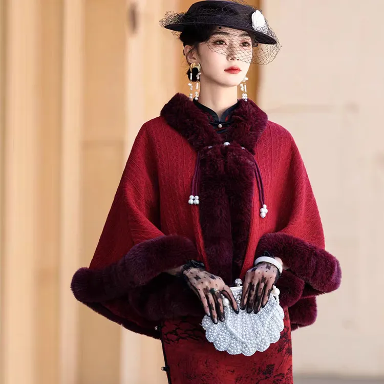 新中式红色斗篷新娘婚礼披肩冬季配旗袍毛绒保暖加绒加厚气质披风