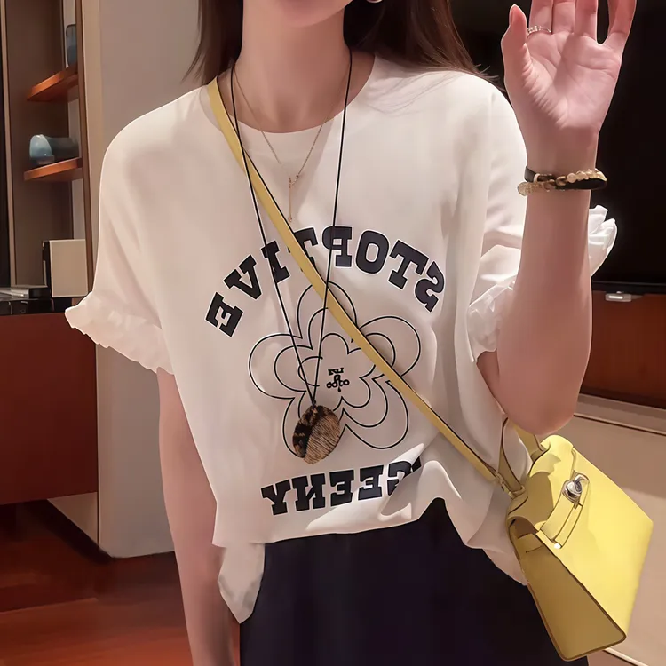 【花朵T】潮流刺绣字母落肩短袖T恤女2025显瘦气质时尚百搭洋气上衣