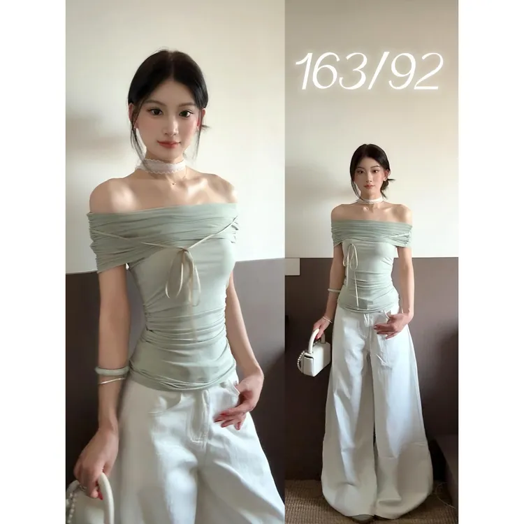 MARIE.COCO独特绝美纯欲高级感一字肩上衣搭配直筒阔腿休闲裤套装