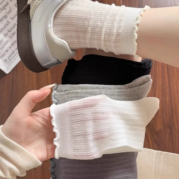 袜子女夏薄款网眼镂空透气袜韩系ins纯色中筒袜外穿长袜堆堆袜