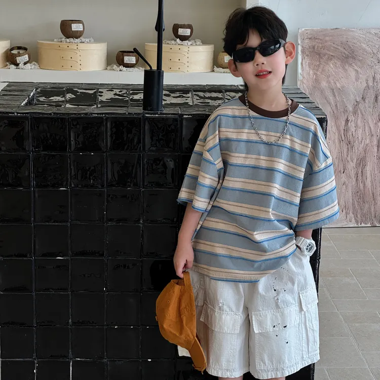 打底百搭套装泰如2025夏季新款韩版男童设计感拼色条纹套T恤短袖