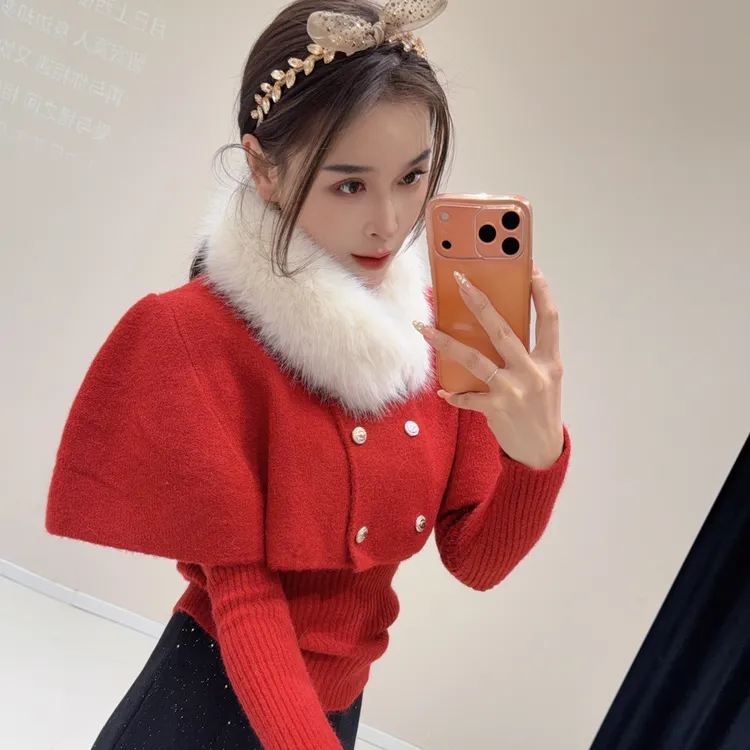 韩系甜美风可拆卸毛领长袖针织套头秋冬内搭显瘦上衣