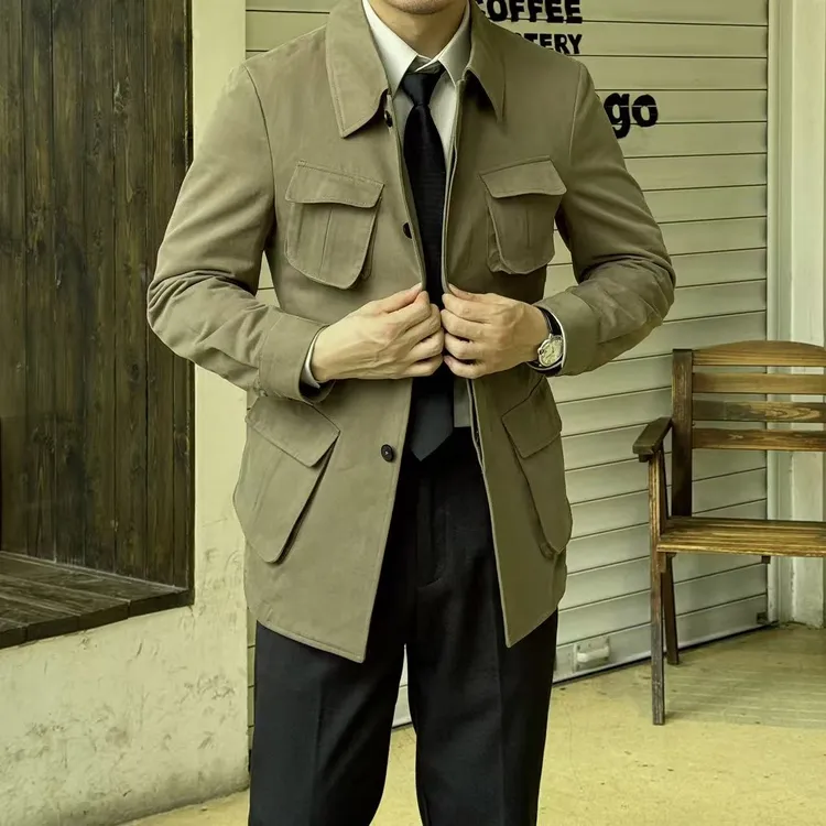 纯棉骑兵斜纹春秋季意式猎装夹克男复古商务休闲外套