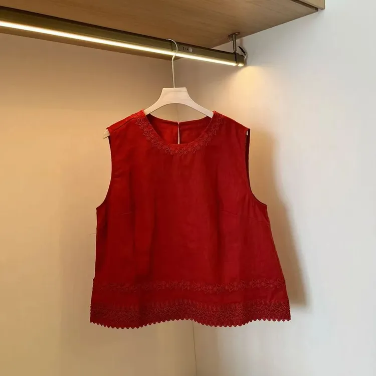 洋气衣服女夏季新款刺绣花边圆领无袖宽松百搭上衣中国风小众女装