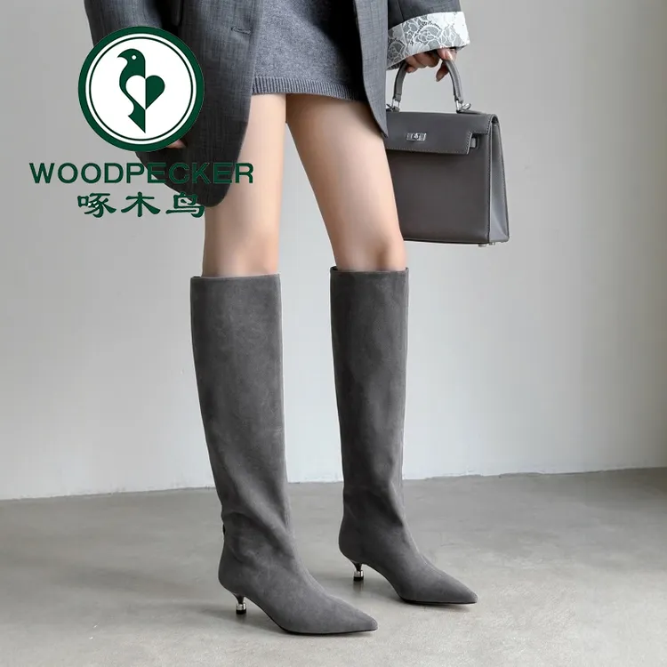 啄木鸟长筒靴2025秋冬新款尖头细跟慵懒直筒靴女英伦风长筒瘦瘦靴