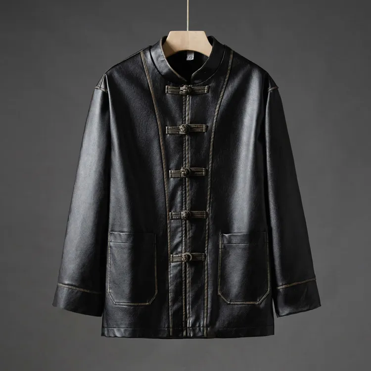 2025秋装新中式男装皮衣外套大码宽松立领唐装男款中国风复古夹克
