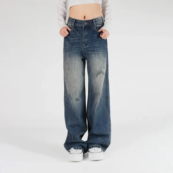 美式复古秋冬牛仔裤女2025年重工洗水做旧直筒宽松裤显腿长阔腿裤