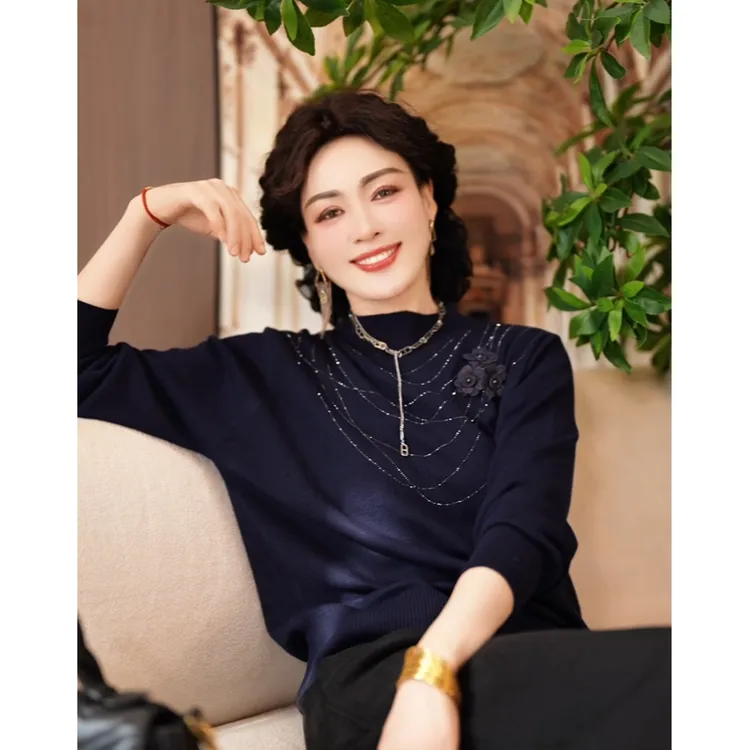 2025秋冬新款妈妈装针织衫百搭上衣气质中年女装休闲时尚内搭毛衣
