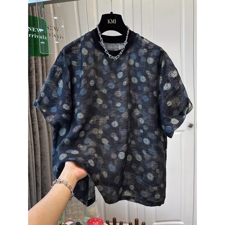 胖妹妹240斤大码波点圆领短袖T恤女夏季宽松高级感独特别致薄上衣