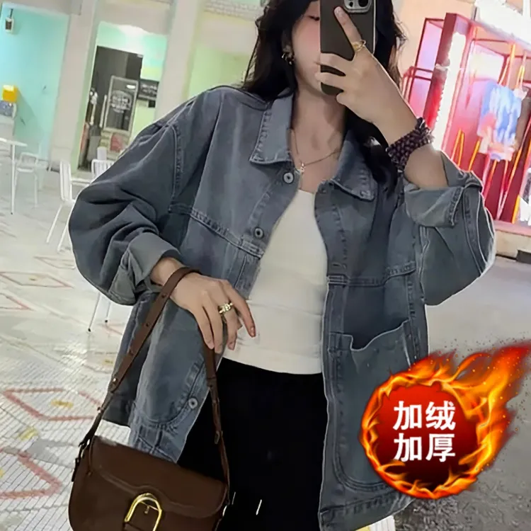 2025冬季新款复古牛仔外套女水洗大口袋休闲宽松秋冬加绒加厚棉衣