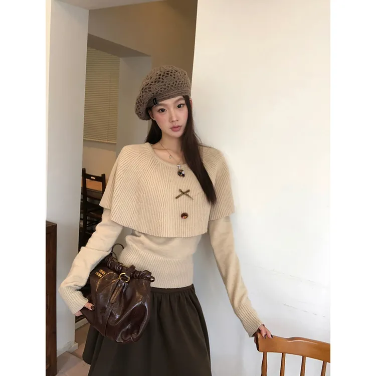 【千金归来两件套】冬季温柔千金斗篷蝴蝶结时尚套装Z 9825#