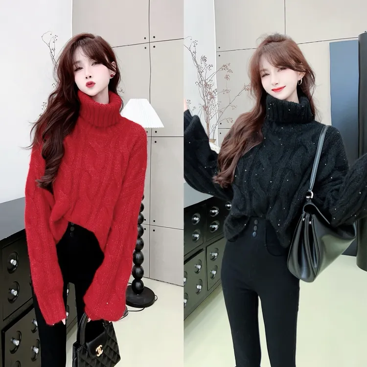 《新年战袍》亮片细闪高领加厚麻花毛衣