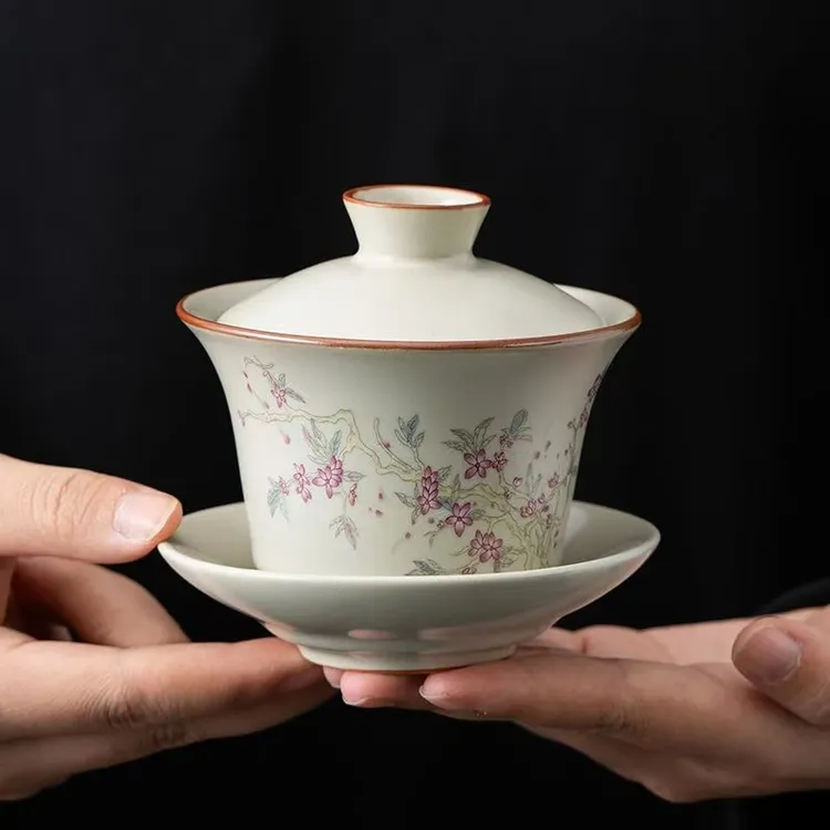 米黄汝窑家用可养开片功夫茶具汝窑三才盖碗可悬停