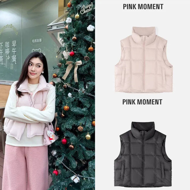 PM王囡囡 粉/黑色立领白鹅绒无袖羽绒马甲 ND1D2060