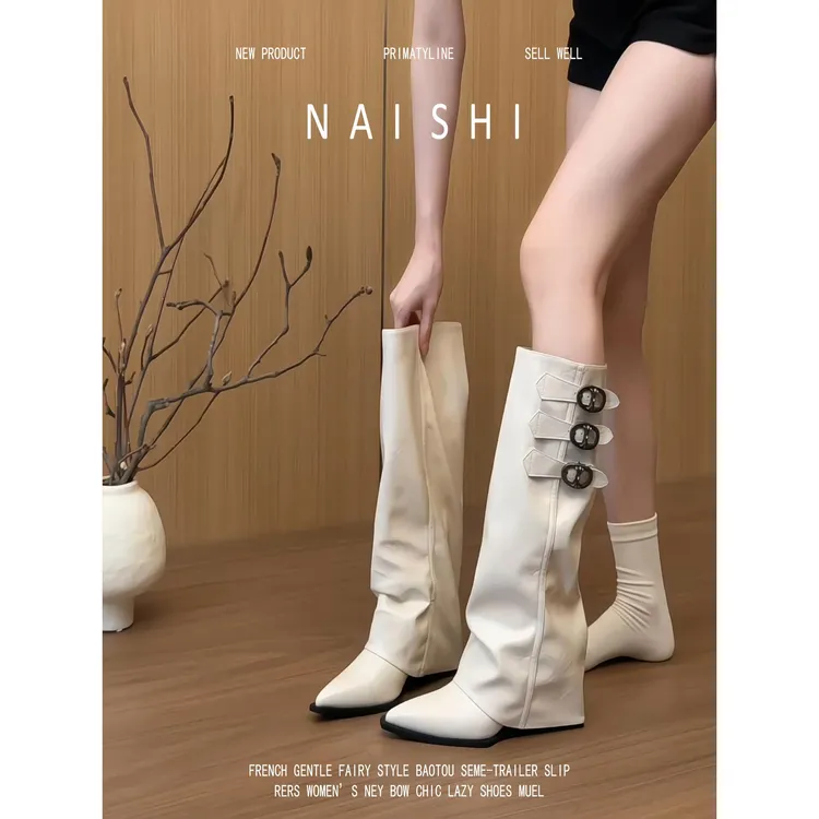 羊皮版~法式气质白色长筒靴女尖头坡跟褶皱堆堆靴时尚辣妹裤管靴