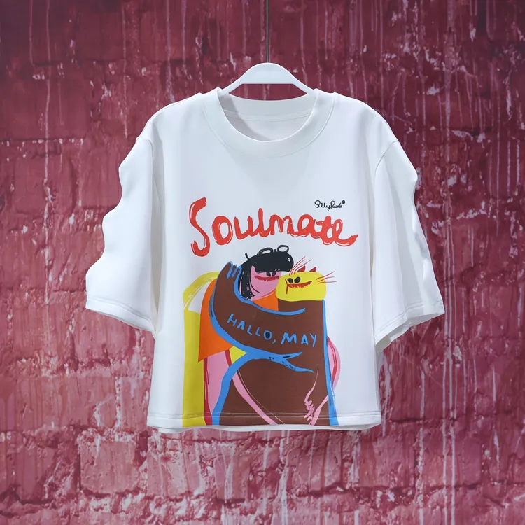 【韩哥女装】设计师高定面料欧货小众轻奢米白色童趣感短款T恤6580A