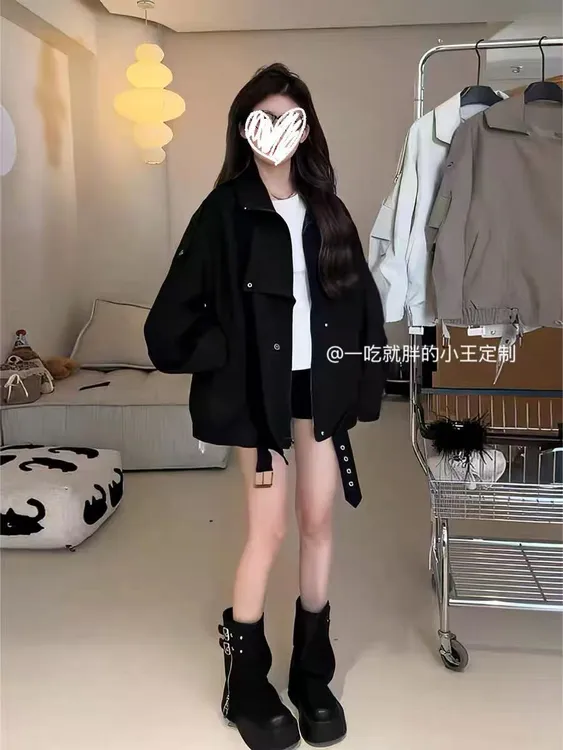 【小王家】秋季短外套显瘦螺纹下摆翻领短款小个子女网红常规