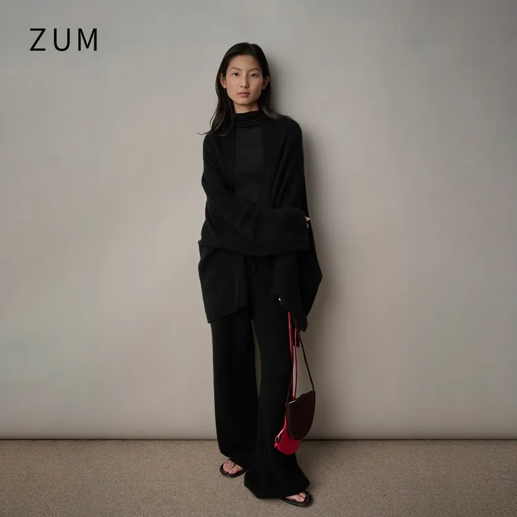 zum黑色山羊绒毛衣外搭开衫针织外套针织毛衫羊毛阔腿裤两件套