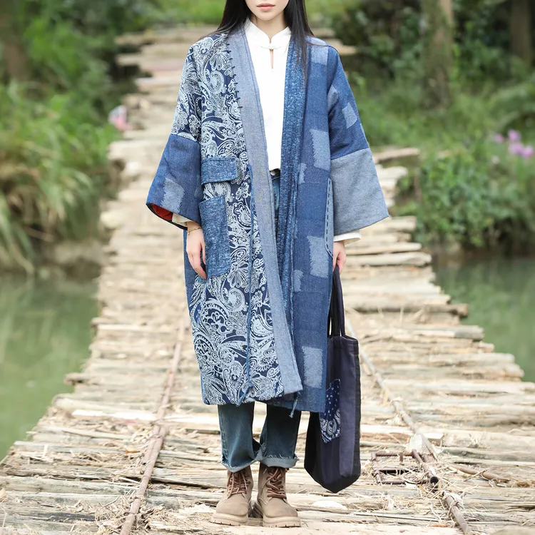 拼接牛仔棉开襟系带宽松棉大衣女冬季新品夹棉保暖文艺慵懒风外套